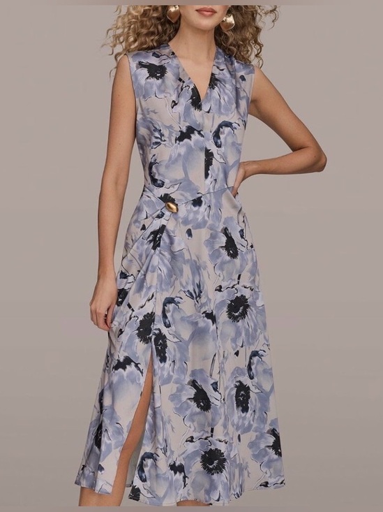 Donna Karan Dresses & Skirts - Donna Karan CAP SLEEVE V-NECK PRINTED
MIDI DRESS